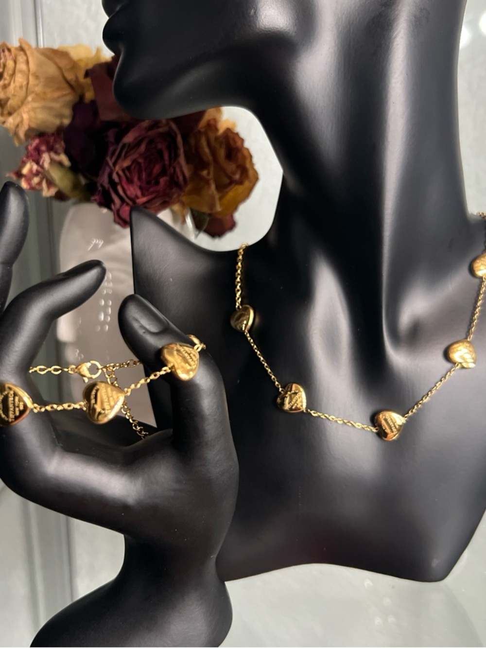 Gold tone Heart Necklace and Bracelet Set - Women's Jewelry